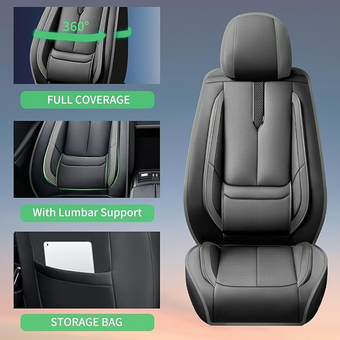 Fit Kona Car Seat Covers for Hyundai Kona 2018-2024 2025 2026 -Upgraded Premium Waterproof & Breathable Leather,Airbag Compatible,All-Weather Seat Cushion Protector,Full Set,Black-Grey