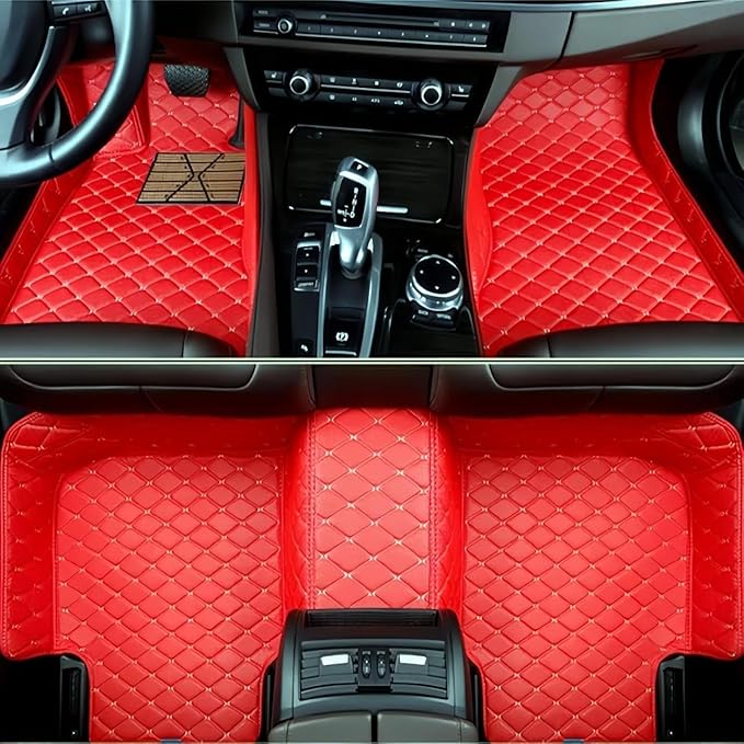 Yaruicar Custom Personalized Floor Mats for Cars Luxury Full Coverage All Car Floor Mats Anti-Slip Leather Car Mat Set Trucks & SUVs Trucks Automotive Floor Mats Liners (Red Biege)