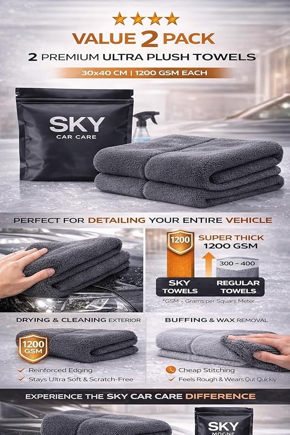 Microfiber Car Drying Towel 2 Pack, Ultra Absorbent Car Cleaning Cloth, Scratch Free & Streak Free Car Drying Towels for Cars, Trucks & Bikes – 30x40 cm (12x16 Inch) Grey