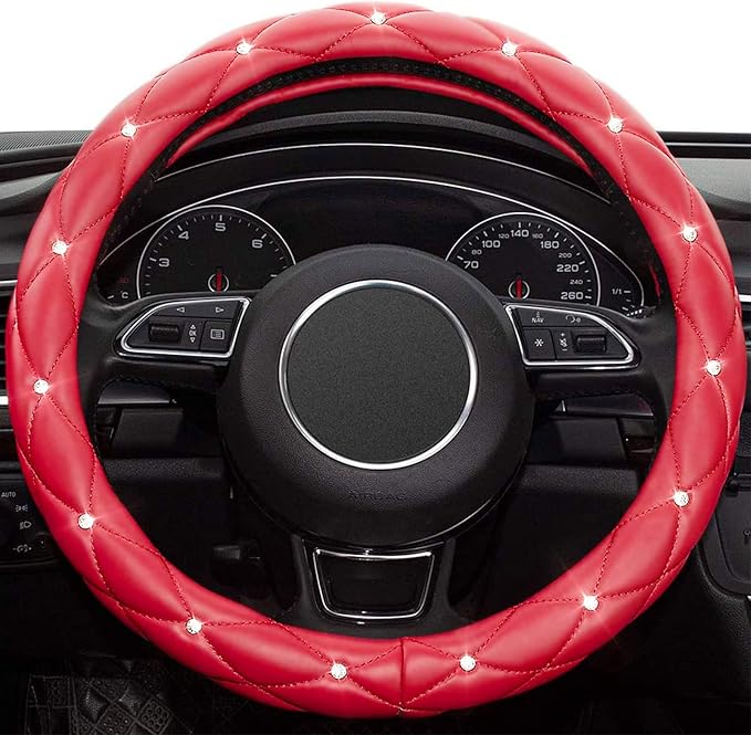 Xizopucy Red Steering Wheel Cover, Leather Car Steering Wheel Cover, Crystal Rhinestones Anti-Slip Soft Accessories for Women and Girl Universal Fit 14.5-15 Inch