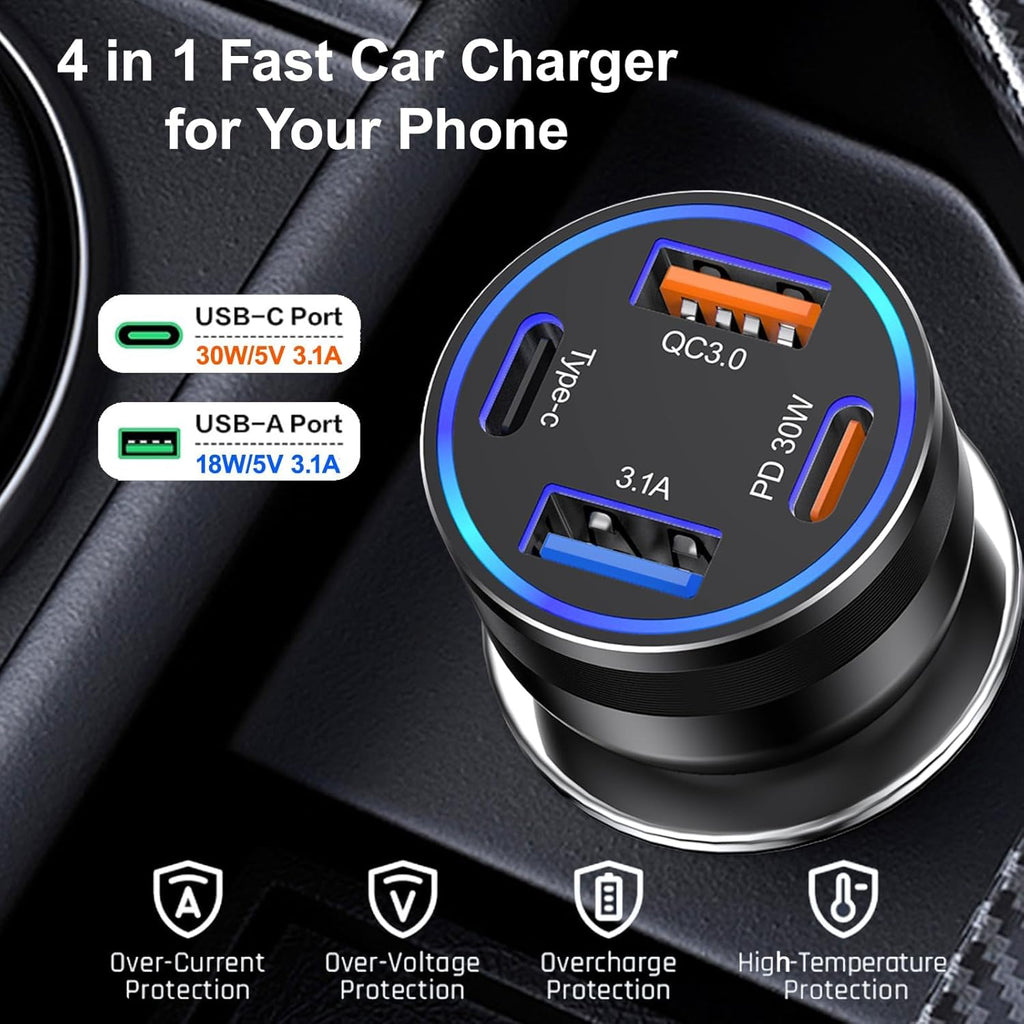 Car Charger USB C, 2Pack 4-Port 65W Cigarette Lighter USB Charger Fast Charging,Dual USB-C & USB-A Car Phone Charger Adapter Accessories for iPhone 16e 16 15 14 13 Pro Max,iPad,Samsung,Tablet,Android