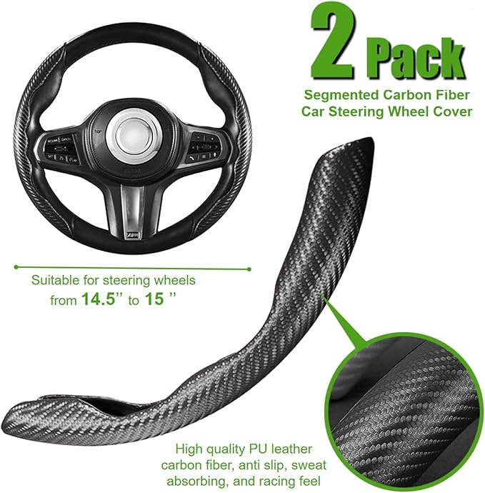 WSSROGY 2 Pack Carbon Fiber Car Steering Wheel Cover, Anti-Skid Segmented Steering Wheel Protector, Butterfly Steering Wheel Cover, Universal for 99 Car Wheel Cover Protector (Black)