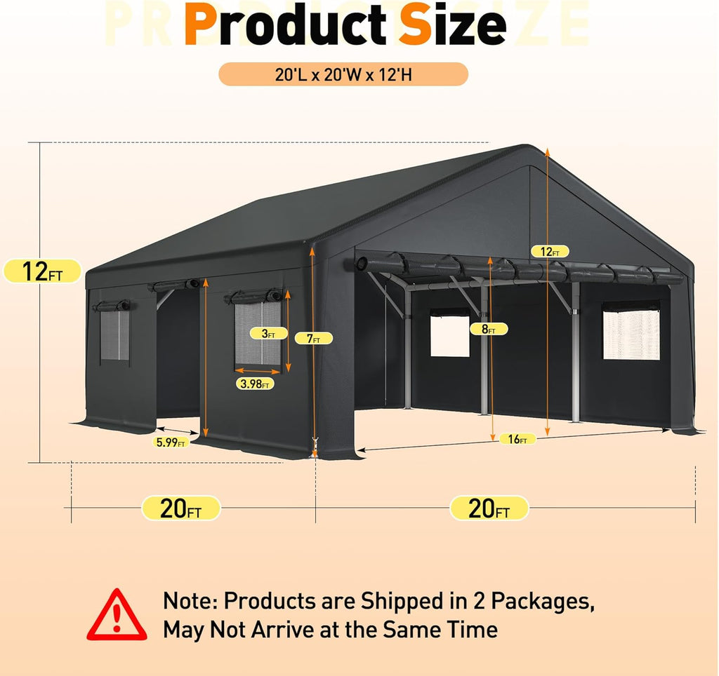 Bepatio 2 Car Carport, 20 x 20 Heavy Duty Metal Carport, All Weather Extra Large Car Port, Outdoor Portable Garage with Side-Opening Doors & Roll-Up Windows