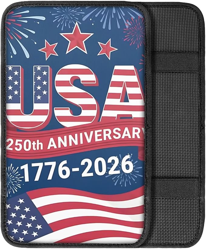 Dreaweet USA 250th Anniversary Center Console Cover 1776-2026 Flag Car Accessories Armrest Box Storage Mat Soft Comfort Arm Rest Cover for Car Truck SUV