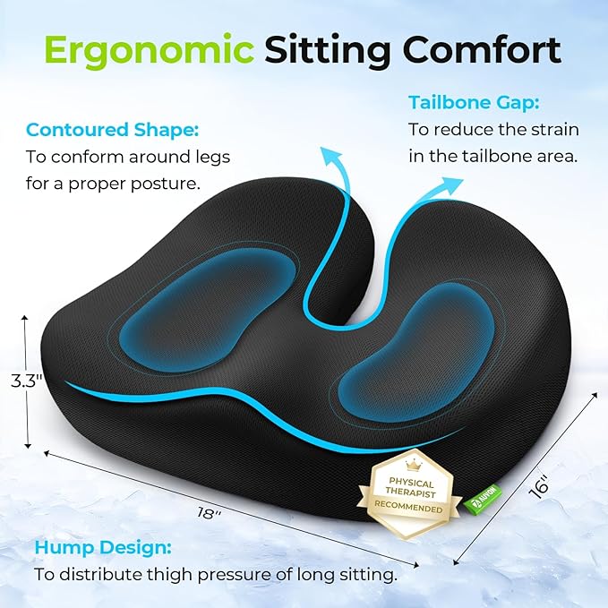 AUVON Multi-Layer Gel Seat Cushion for Ideal Support & Softness, Cooling Memory Foam Office Chair Cushion for Hemorrhoid, Sciatica & Tailbone Pain Relief, Anti-Slip Back Seat Pillow