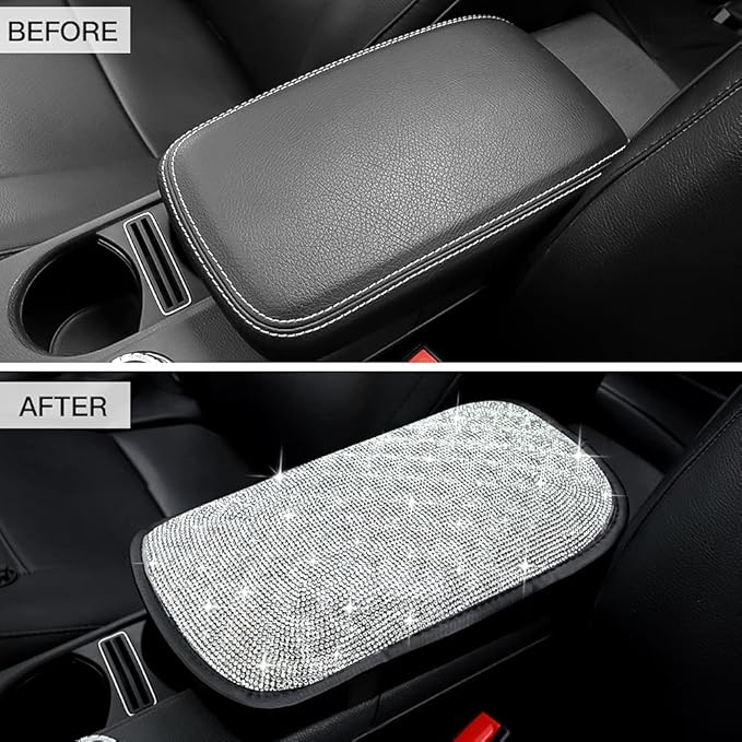 SAVORI Bling Car Armrest Cover Diamond Rhinestone Auto Center Console Cover Protector Arm Rest Cushion Pads Universal Bling Car Accessories for Women Girl Cute Vehicle Interior Decor (White)