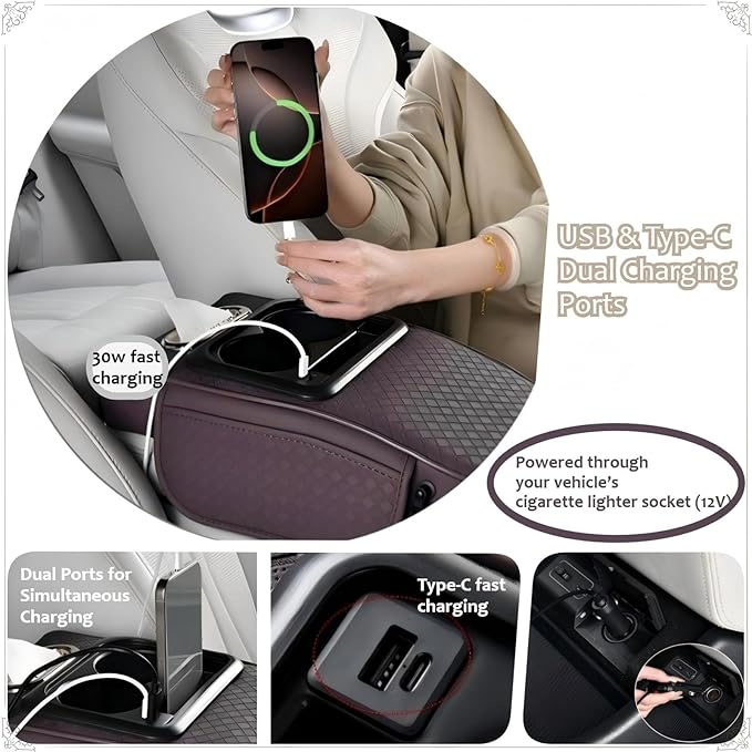 2026 Upgraded Car Center Console Cushion with 30w USB& Type-C Charging Ports, Leather Car Armrest Pad Cover, Interior Accessories for Most Vehicles (Ergonomic Sloped Version, Orange)