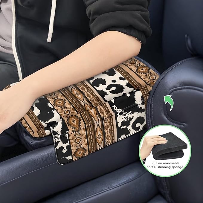 Tupalatus Aztec Car Armrest Cover Breathable Cow Print Armrest Cushion Cover Pad Waterproof for Car Center Console Replacement with Storage Bags Fit for Most Vehicle, SUV, Truck