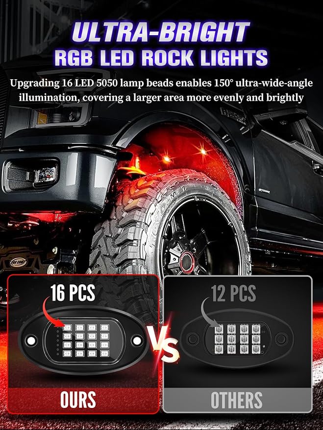 10 Pods RGB LED Rock Lights with APP/RF Remote Control High Brights Waterproof Underglow Multicolor Zone Neon Exterior Rock Lights for 12V Trucks Jeep UTV ATV RZR Offroad Pickup SUV Accessory