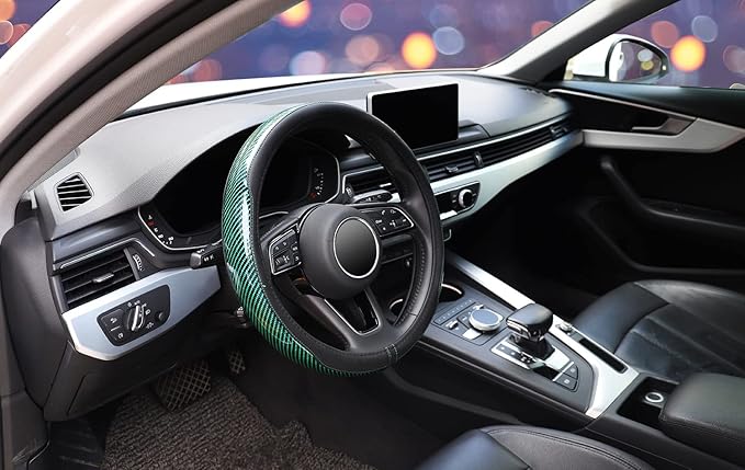 ZHOL Carbon Fiber Steering Wheel Cover, Universal 15 Inch Microfiber Leather Auot Car Steering Wheel Cover for Women Men, Anti-Slip, Black&Green