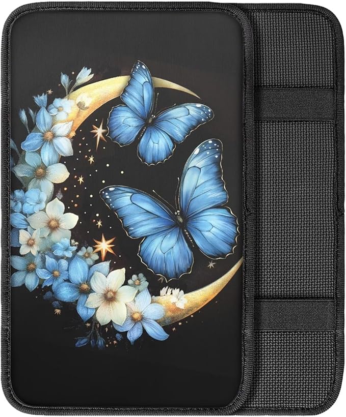 UNICEU Blue Flower Butterfly Armrest Cover Pad for Car Interior Set Soft Car Center Console Armrest Cushion Cover for Vehicle SUV Truck Car Butterfly Car Accessory for Women