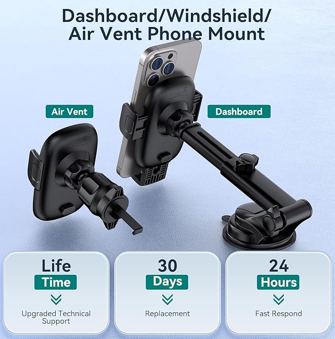 Phone Holders for Car, [Super Suction Cup] Car Phone Mount for Dashboard Windshield & Air Vent, Universal Car Accessories for iPhone 17/16/15, Samsung Galaxy, Most 4-7” Smartphones