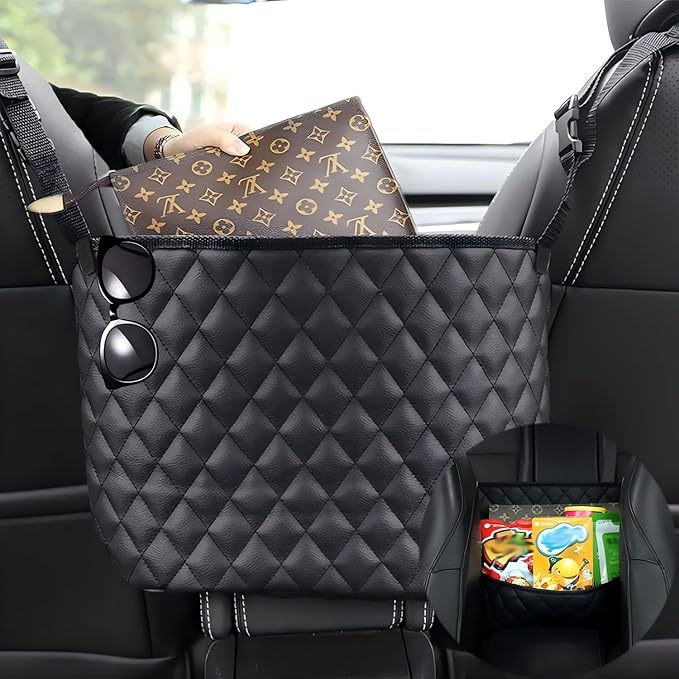 Car Net Pocket Handbag Holder，Purse Holder for Between Seats，Leather Seat Back Organizer Mesh Large Capacity Bag，Handbag Between The Two Seats