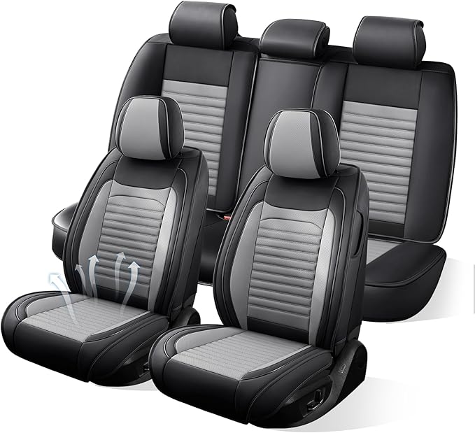 Car Seat Covers Full Set Fit for Toyota RAV4 2001-2026, Premium Faux Leather Car Seat Protector,Breathable Anti-Slip Full Wrapping Edge Seat Covers(Black&Gray,Full Set)