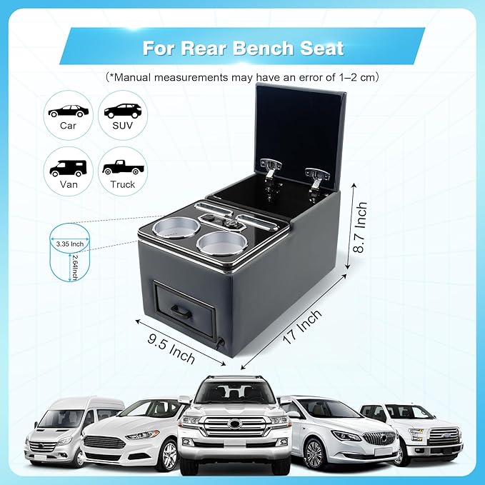 Center Console, Universal Bench Seat Center Console with Fast Phone Charging， Back Seat Car Organizer, Automotive Center Console with Cup Holder & Phone Holder (Gray)