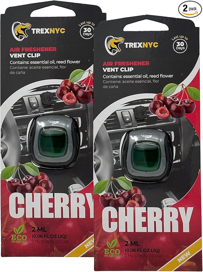 Car Air Fresheners Vent Clips, Essential Car Odor Eliminator, Perfect Scented Car Accessories, For Long Lasting Fragrance up to 30 days, 0.07 FL.OZ (Cherry, 2 Packs)