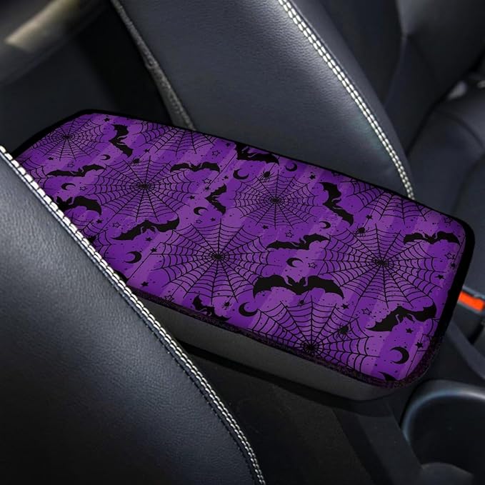 Dreaweet Center Console Cover Purple Arm Rest Cover Pad Halloween Car Accessories Decor Universal Anti-Scratch Car Armrest Storage Box Mat Easy to Install,Spider Web Bat