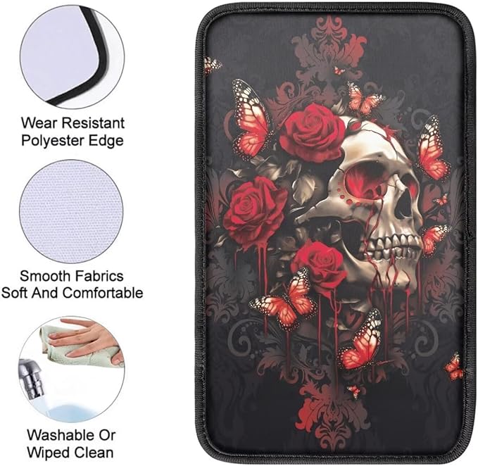 Dreaweet Rose Skull Arm Rest Cover for Car Women Gothic Car Accessories Universal Comfort Center Console Cover Soft Anti-Scratch Vehicle Center Console Armrest Cover Pad