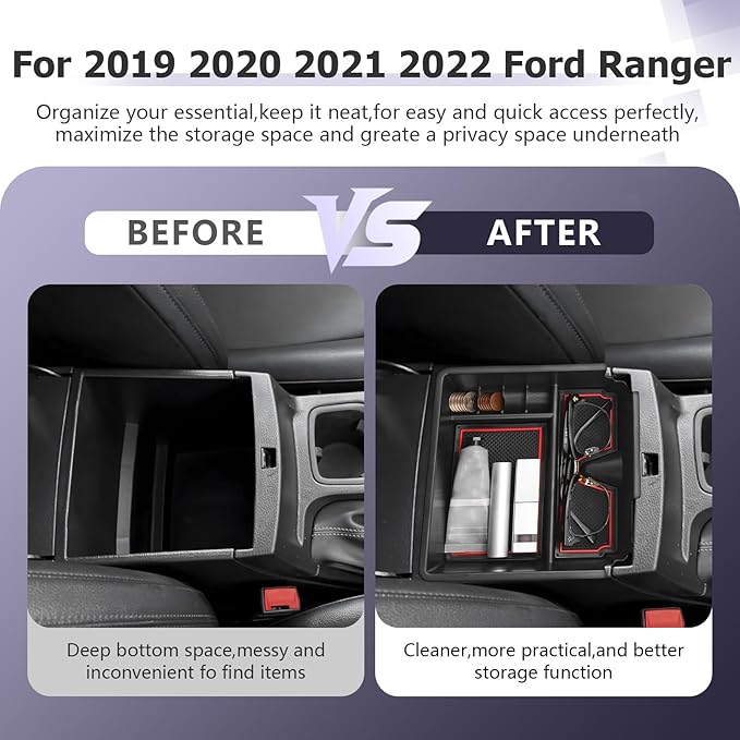 LUWU Ranger Center Console Organizer for 2019 2020 2021 2022 2023 Ford Ranger XL/XLT/Lariat/Raptor Accessories Armrest Console Storage Box Glove Organizer Tray ABS Material Red