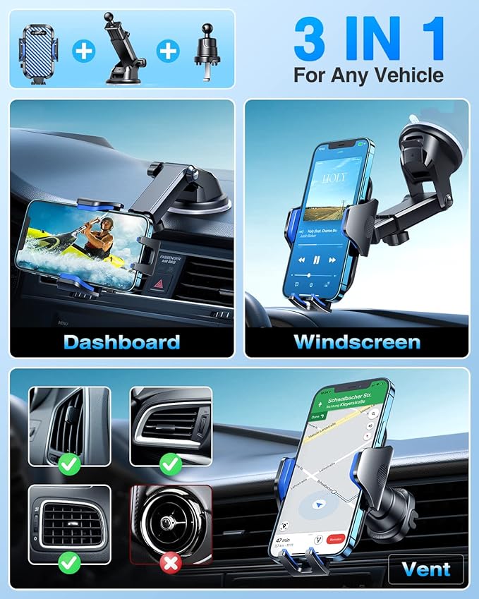 VANMASS Phone Holders for Your Car 2026 Ultimate Phone Mount Military-Grade Windshield Dashboard Vent【Newest Best Strongest】 Cell Phone Car Mount for iPhone 16 Pro Max 15 Samsung Android,Blue