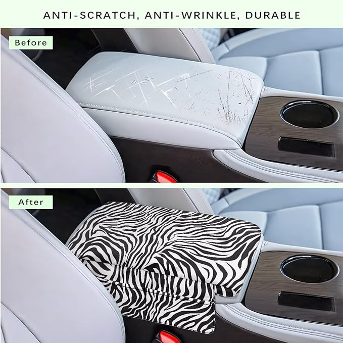 Car Center Console Cover with Storage Bag, Zebra Print Non-Slip Armrest Seat Box Cover Protector, Universal Car Decor Accessories Fit for Most Cars, Vehicles, SUVs