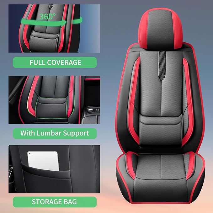 Fit Insight Car Seat Covers for Honda Insight 2010-2021 2022-Upgraded Premium Waterproof & Breathable Leather,Airbag Compatible,All-Weather Seat Cushion Protector,Full Set,Black-Red