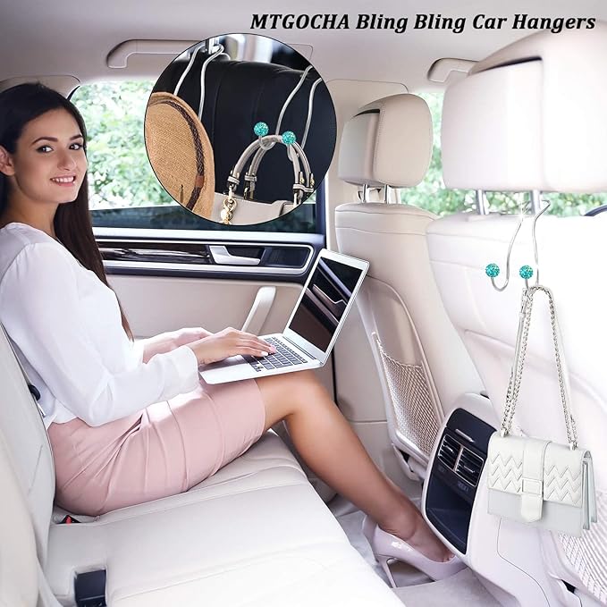 MTGOCHA Bling Purse Hook for Car Headrest, Upgraded Cute Car Seat Hooks for Bag Handbag, Durable Stainless Auto Purse Hanger Holder 2 Pack, Lake Blue