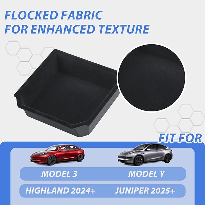Center Console Organizer for 2026 Tesla Model Y Juniper Accessories & Model 3 Highland 2026-2024 Flocked Storage Organizer Set Center Console Box, Armrest Box and DIY Cup Mat