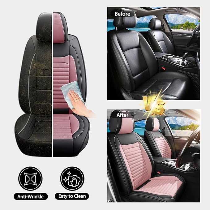 Car Seat Covers Full Set Fit for Toyota RAV4 2001-2025, Premium Faux Leather Car Seat Protector,Breathable Anti-Slip Full Wrapping Edge Seat Covers(Black&Pink,Full Set)