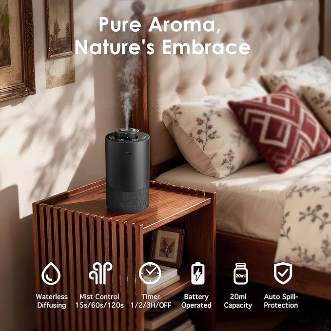 Waterless Essential Oil Diffuser for Home (Aluminum Alloy & Fabric) - Cordless Car Scent Diffuser with 3 Timer & 3 Mist Levels - 2000mAh Battery Operated Scent Air Machine for Room Office Hotel, Black