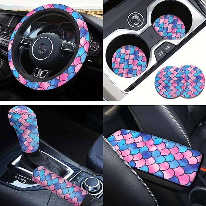 Pink Fish Scale Print Elastic Car Steering Wheel Protector for Men Women 6 Pcs Cup Coaster Handbrake Cover Fit Auto,Suvs,Truck