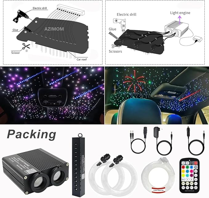 AZIMOM Dual Color 32W Sound Activated Fiber Optic Starlight Kits Mixed860pcs*13.1ft Fiber Strands,RGB Meteor Shooting Star, Remote APP Control Home Car Star Ceiling Headliner Décor