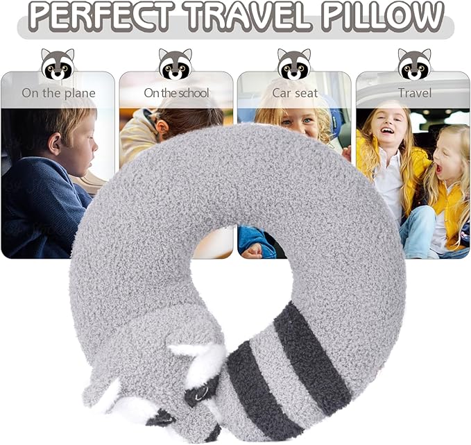 H HOMEWINS Travel Pillow for Kids,Cute Animal Neck Pillow for Boys Girls,Soft Neck Head Chin Support Pillow,Travel Accessories for Airplane, Car, Train,Recline(Raccoon)