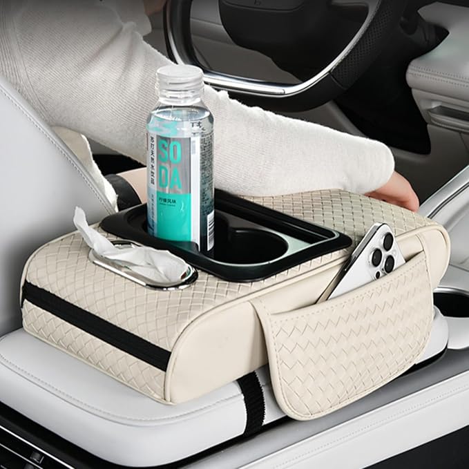 Car Armrest Cushion Cover Car Center Console Memory Foam Booster Pad with Storage Pocket and Tissue Hole for Sedan Vehicle (Cupholder - Black, 13.39 * 7.68 * 2.95'' / 34 * 19.5 * 7.5cm)