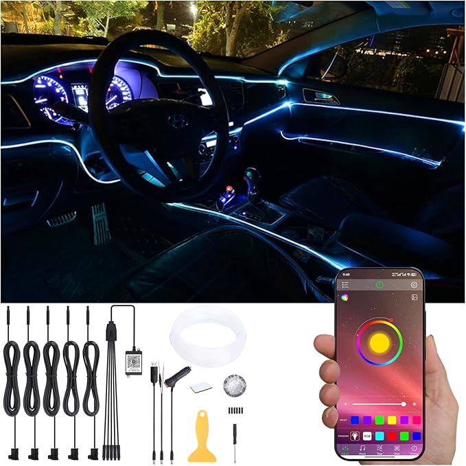 6 m Optic Fiber Car Ambient Lighting Kit Bluetooth App Control 64 Colors Multicoloured Music Interior Lighting Kit 12V 1W