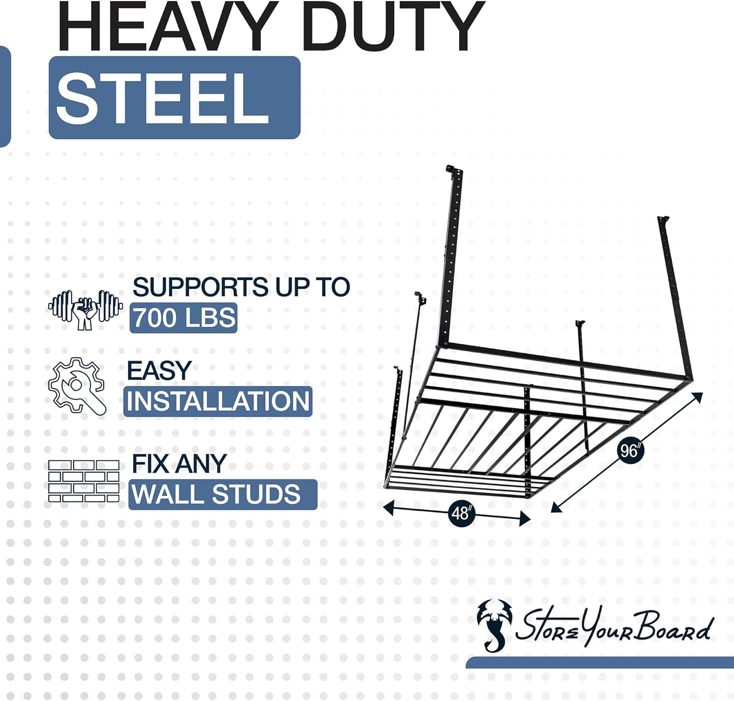 StoreYourBoard 4X8 Garage Storage Rack with Hooks, Ceiling Shelf Overhead Organization, Heavy Duty Steel Platform Holds 700 lbs, 96 in. x 48 in. x 40 in.
