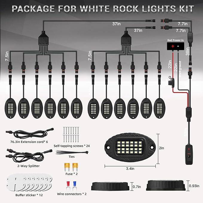 12 Pods Pure White LED Rock Lights with Power Swith Wiring Harness, Waterproof Rust Proof 6600K Super Bright Pure Lighting Aluminum Underglow Kit for Truck Trailer Pickup Offroad ATV UTV