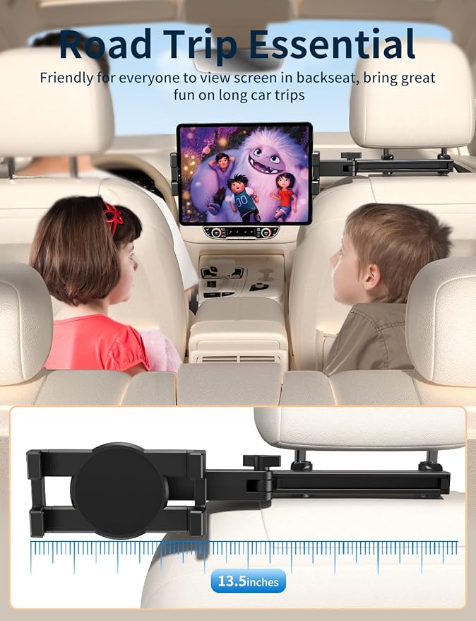 bokilino Tablet Holder for Car Headrest, [3 in 1 Adjustable Extension Arm] iPad Car Mount for Back Seat, Road Trip Essentials for Kids, for 4.7-12.9" Like iPad Pro, Air, Mini, Galaxy, Fire HD Tablet