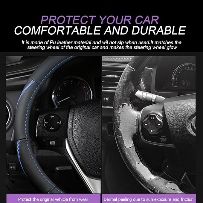 BELOMI Car Steering Wheel Cover, Anti Slip Leather Breathable Vehicle Protector, Comfortable Grip Automotive Interior Protective Guard Accessories, Universal for SUV, Sedan, Truck (Black/Blue)