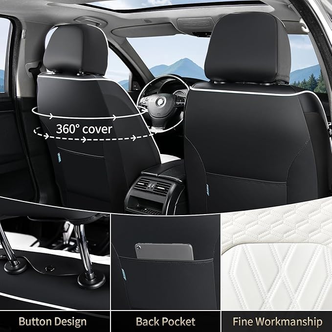 FLORICH Leather Car Seat Cover Full Set Automotive Seat Covers 5 Seats Front and Back Seat Cover Full Coverage Car Seat Protector Universal Fit for Most Car Truck SUV, Black&White