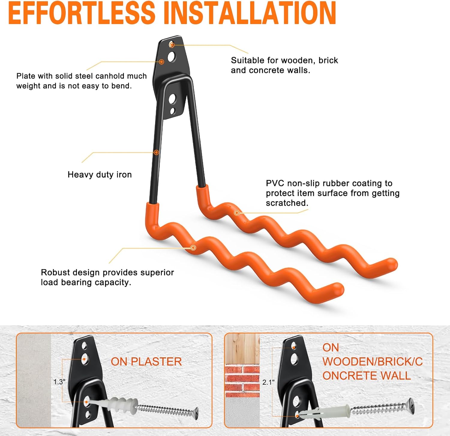 Heavy Duty Garage Hooks 4 Pack, 7.7 inch Wave Long Hanger, Wall Mounted Storage System, Power and Garden Tool Organizer, for Hanging Ladders, Bikes, Hose, Bulk Items and More