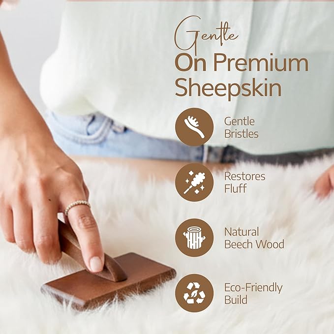 WaySoft Sheepskin Rug Brush with Premium Natural Beech Wood Handle, Restores Softness & Fluff, Gently Removes Dirt, Ideal for Sheepskin Rug Care, Includes Hanging Leather Strap for Easy Storage