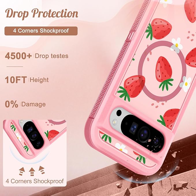 for Google Pixel 9 Pro XL Case - Compatible with MagSafe Women Cute Girls Magnetic Protective Cover Strawberry Girly Kawaii Design Heavy Duty Shockproof Phone Case for Pixel 9 Pro XL 6.8"