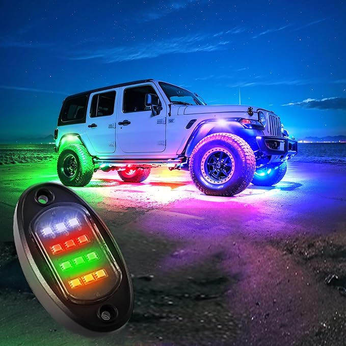 1Pod RGB Dream Color Rock Light Used to Replace The Damaged Light, Support for 4pods, 6pods, 8pods, 10pods, 12pods RGB+IC LED Dream Multicolor Smart Chasing Underglow Lighting Kits