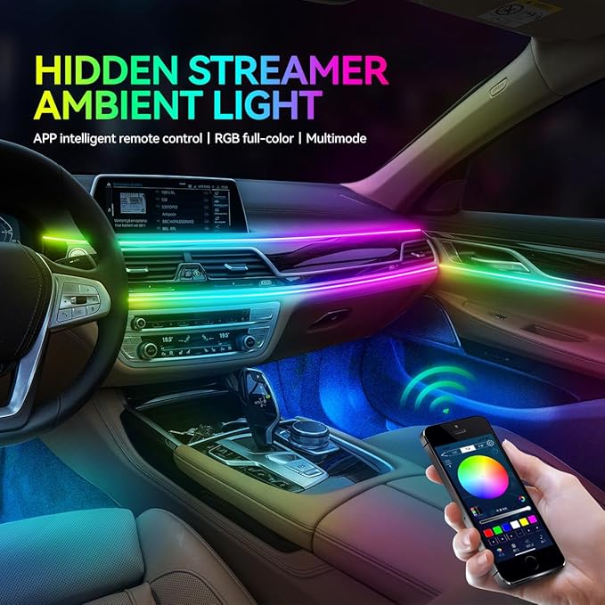 Dreamcolor Acrylic Interior Car LED Strip Lights, Car Ambient Lighting Kit with APP Control, Decorative Lights with Dynamic Chasing Sync to Music, RGB Neon Lighting (6 in 1)