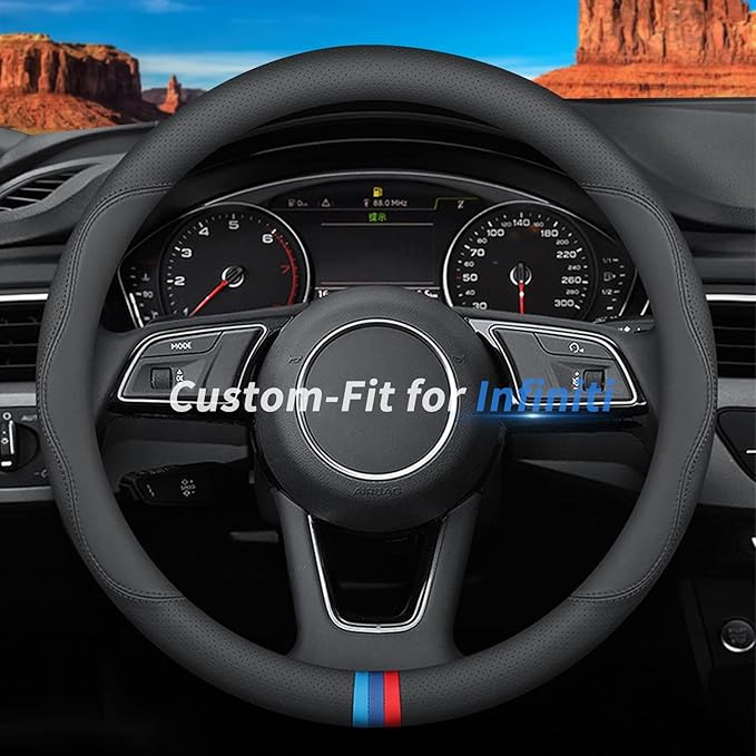 Custom-Fit for Infiniti Steering Wheel Cover, Premium Leather Car Steering Wheel Cover with Logo, Non-Slip, Breathable, for Infiniti Accessories (D-Style,for Infiniti)