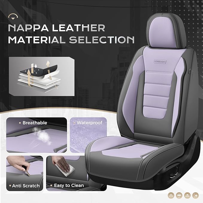 Coverado Car Seat Covers Full Set, Nappa Leather Seat Covers for Cars, Car Seat Protector Car Seat Cushion, Front and Back Seat Protectors Cushions Universal Fit for Most Cars Vehicles(Gray&Purple)