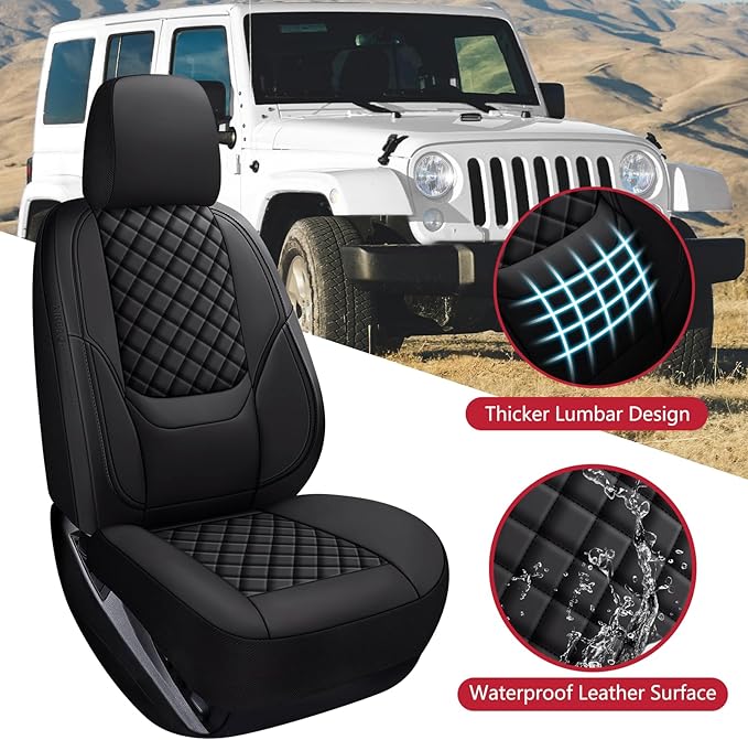 Wrangler Seat Covers 2007-2026 Full Set, Waterproof Leather Interior Sets with Lumbar Support Custom Fit for Jeep Wrangler JK JL 4 Door Unlimited Sahara/Sport/Rubicon X 392 Willys, Black