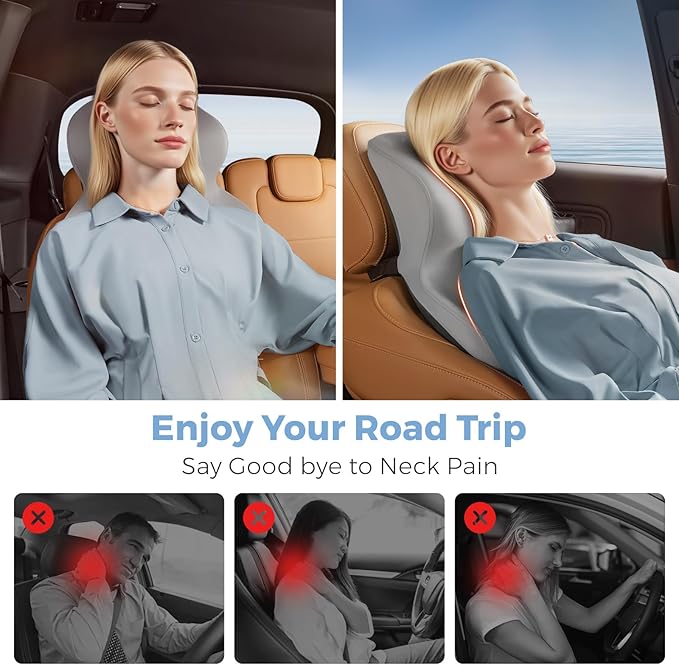 BEBAS Car Headrest Pillow, Ergonomic Neck Pillow with Memory Foam, Enlarged Surface for Head Neck Shoulder Support, Breathable Removeable Car Seat Pillow for Pain Relief(Gray, 1 Pack)