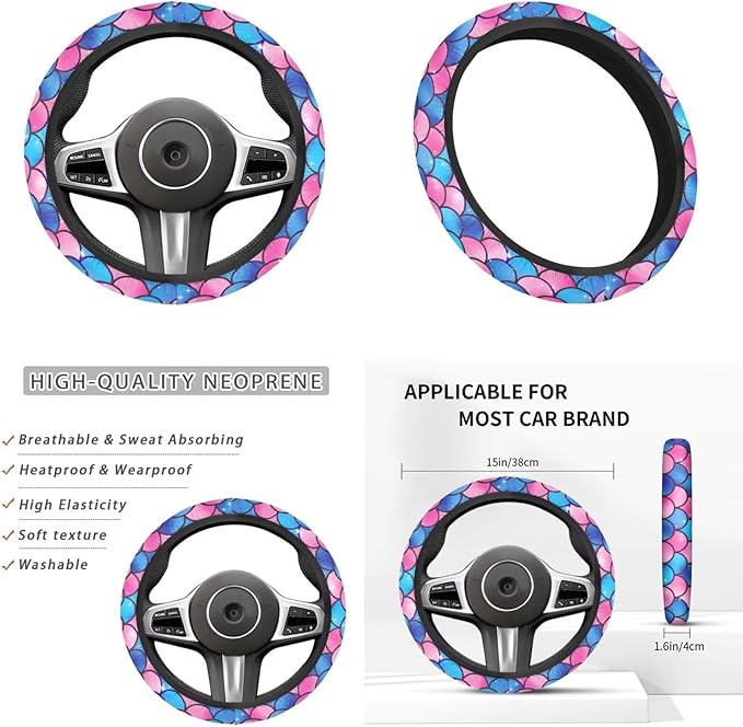 Pink Fish Scale Print Elastic Car Steering Wheel Protector for Men Women 6 Pcs Cup Coaster Handbrake Cover Fit Auto,Suvs,Truck
